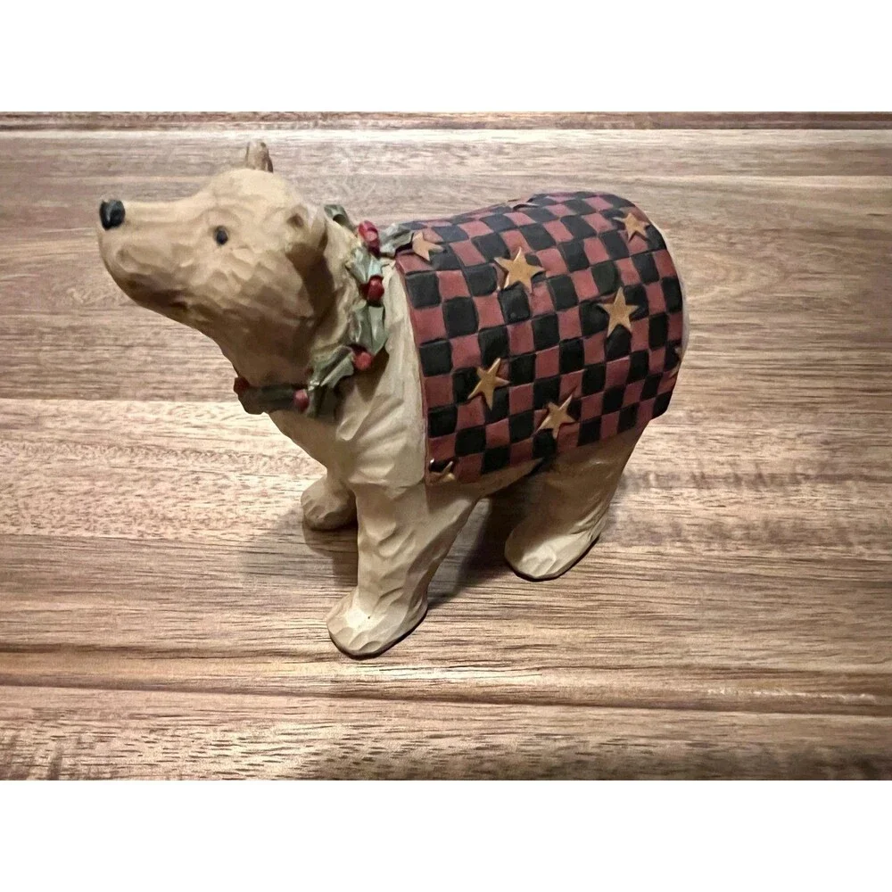 Teresa Kogut Folk Art Checkered Blanket Holy Necklace Christmas Bear Figurine
